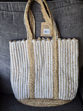 Magid Cotton And Jute Tote With Tassel tan white natural color bag women’s NWT